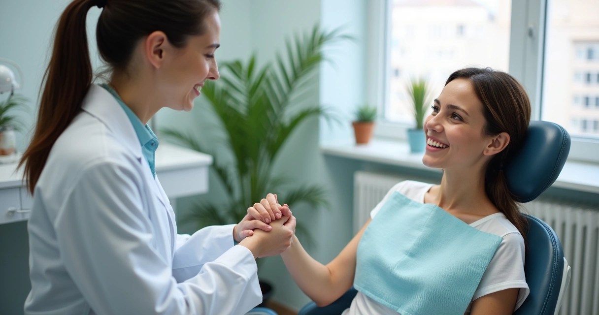 Dentista cumprimenta paciente sorrindo e demonstra empatia 