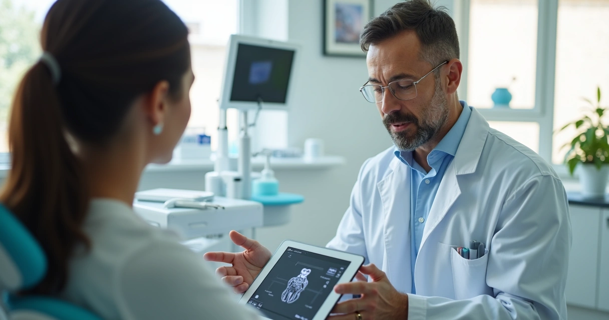 Dentista explicando tratamento para paciente em consultório 