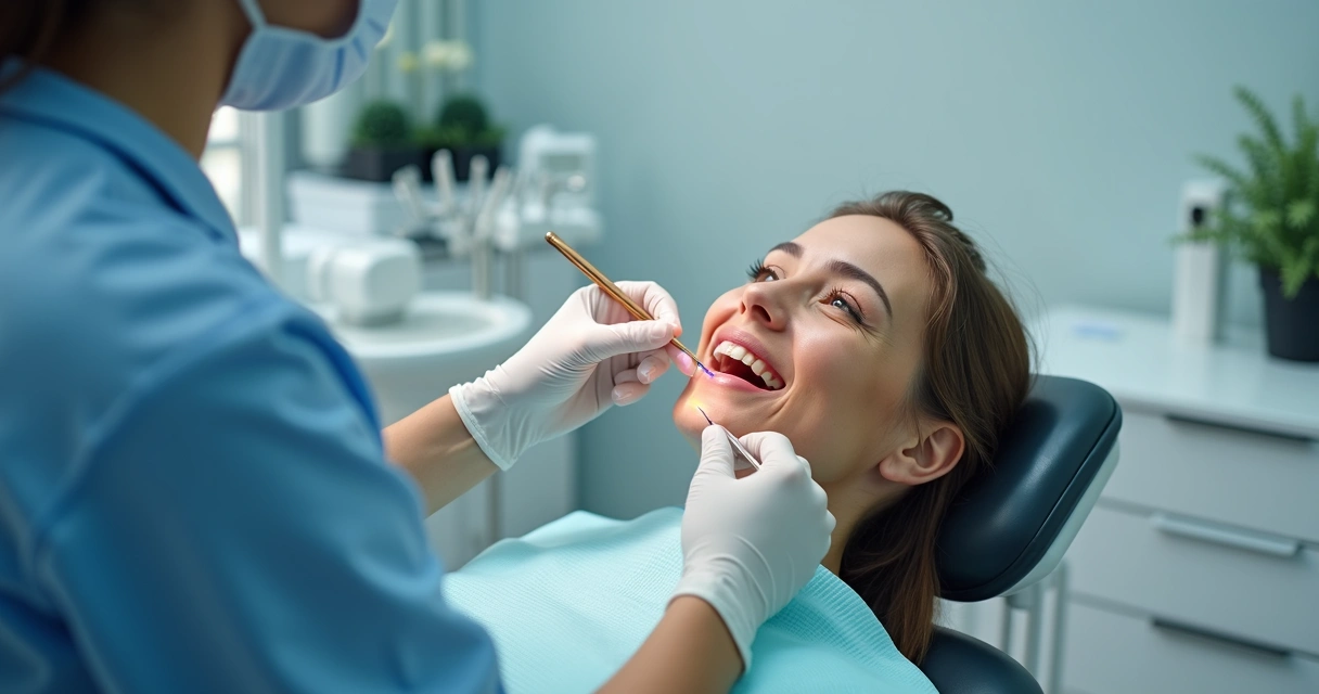 Dentista cuidando de paciente em consultório 