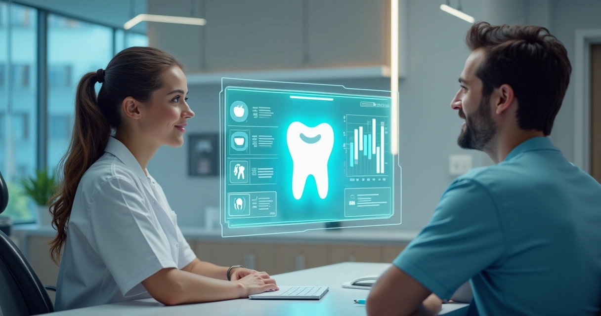 Dentista conversando com paciente mostrando gráficos digitais e histórico de tratamentos 