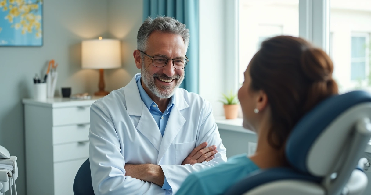 Dentista sorridente conversa com paciente individualmente 