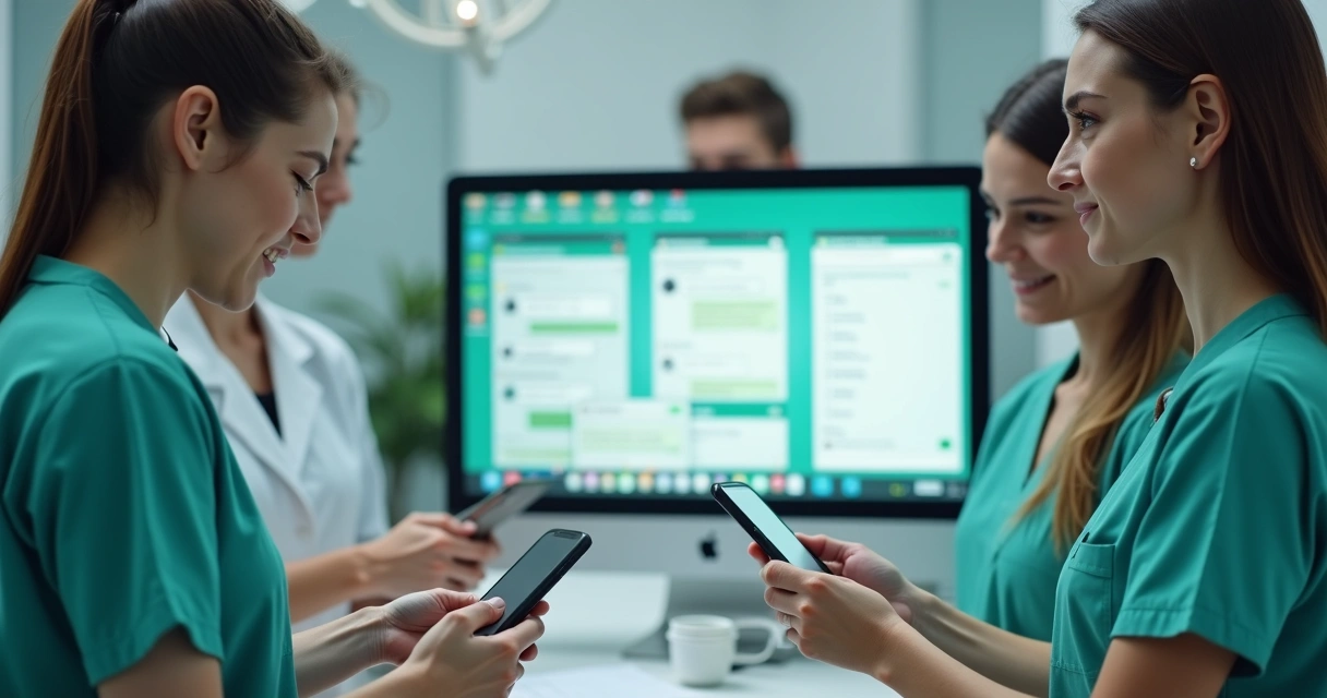 Equipe odontológica atendendo pacientes pelo WhatsApp no consultório