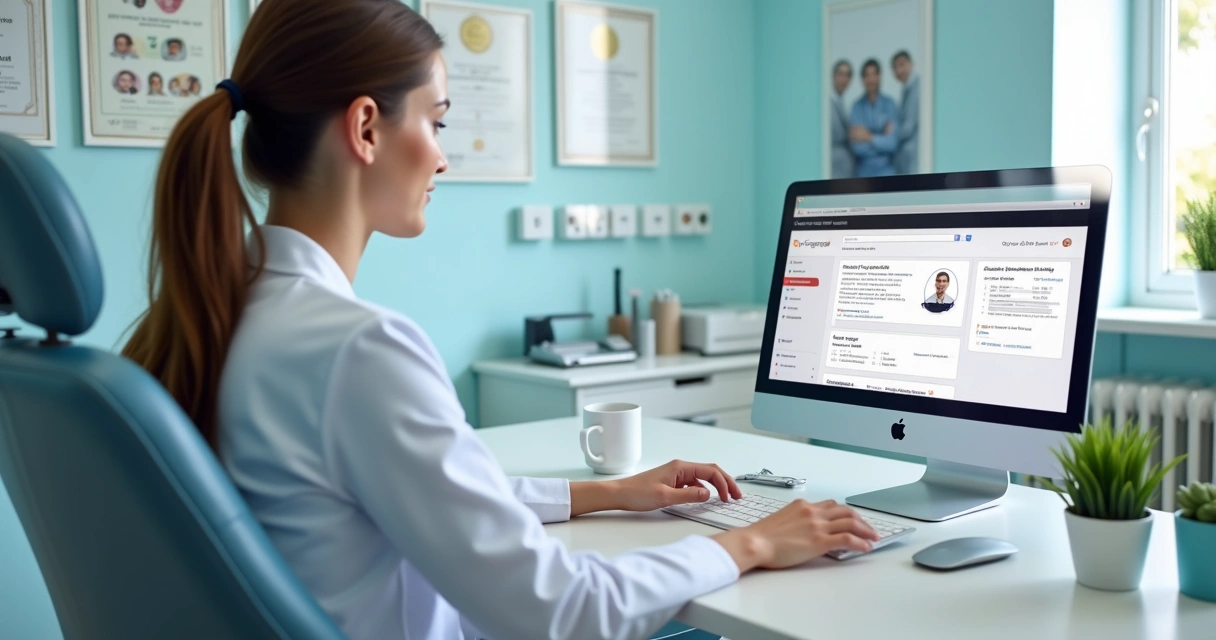 Dentista atualizando perfil da clínica odontológica no computador 