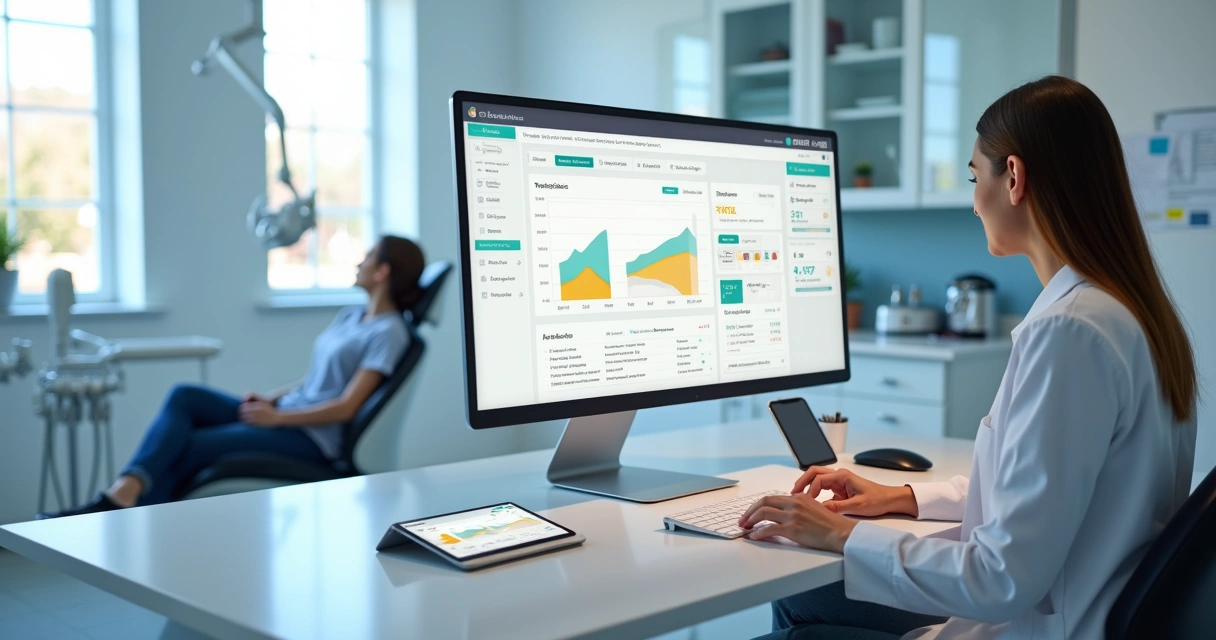 Dentista analisando orçamentos digitais em tela com paciente na clínica 