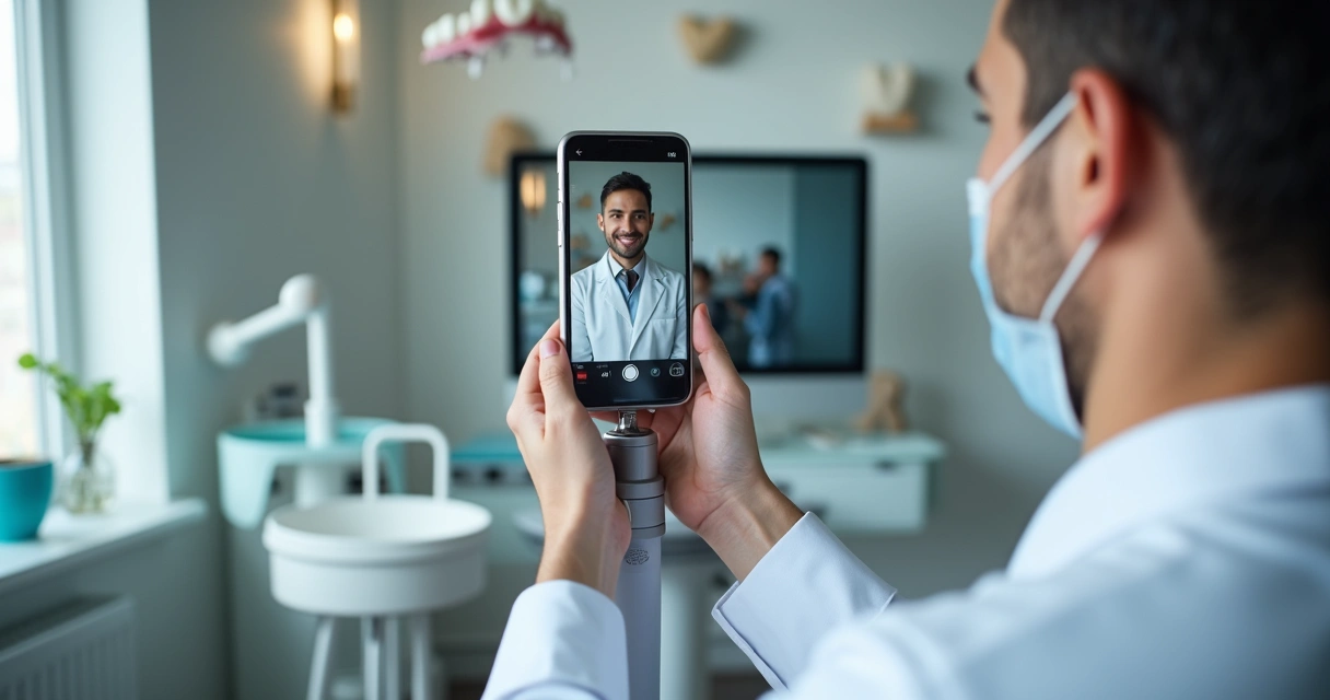 Dentista gravando vídeo para redes sociais com celular no consultório 