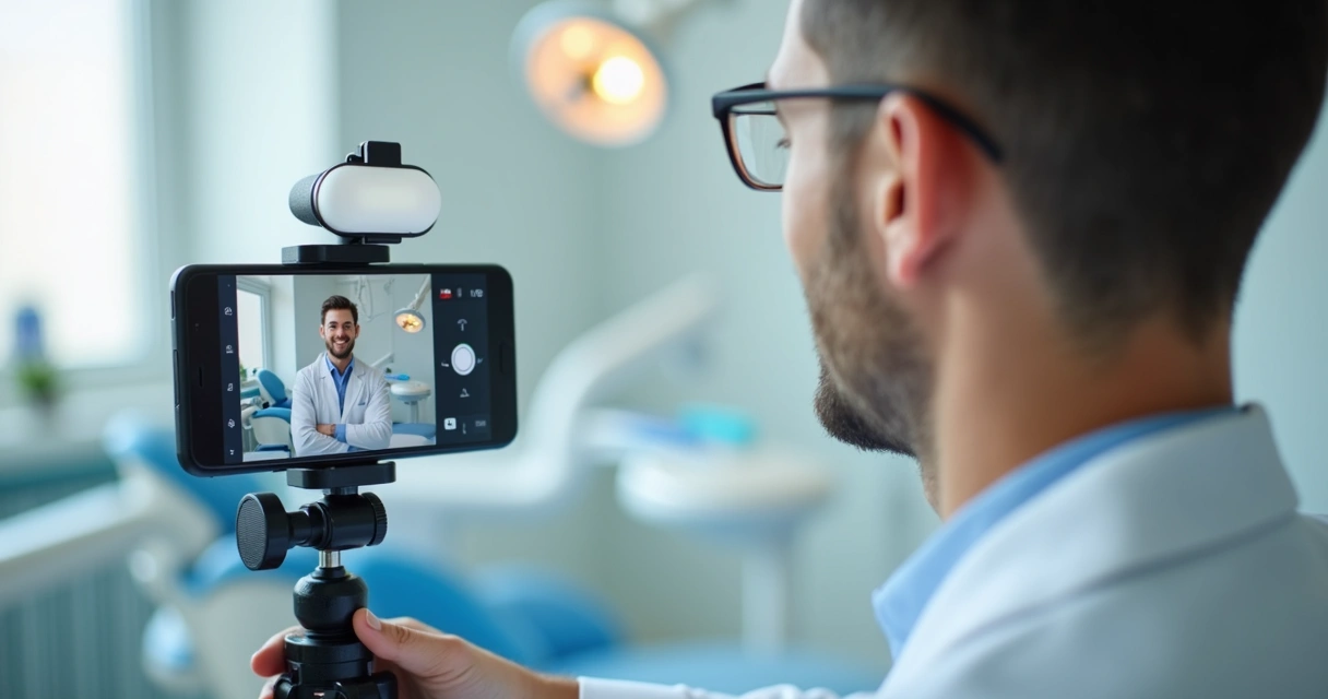 Dentista gravando conteúdo de autoridade para redes sociais