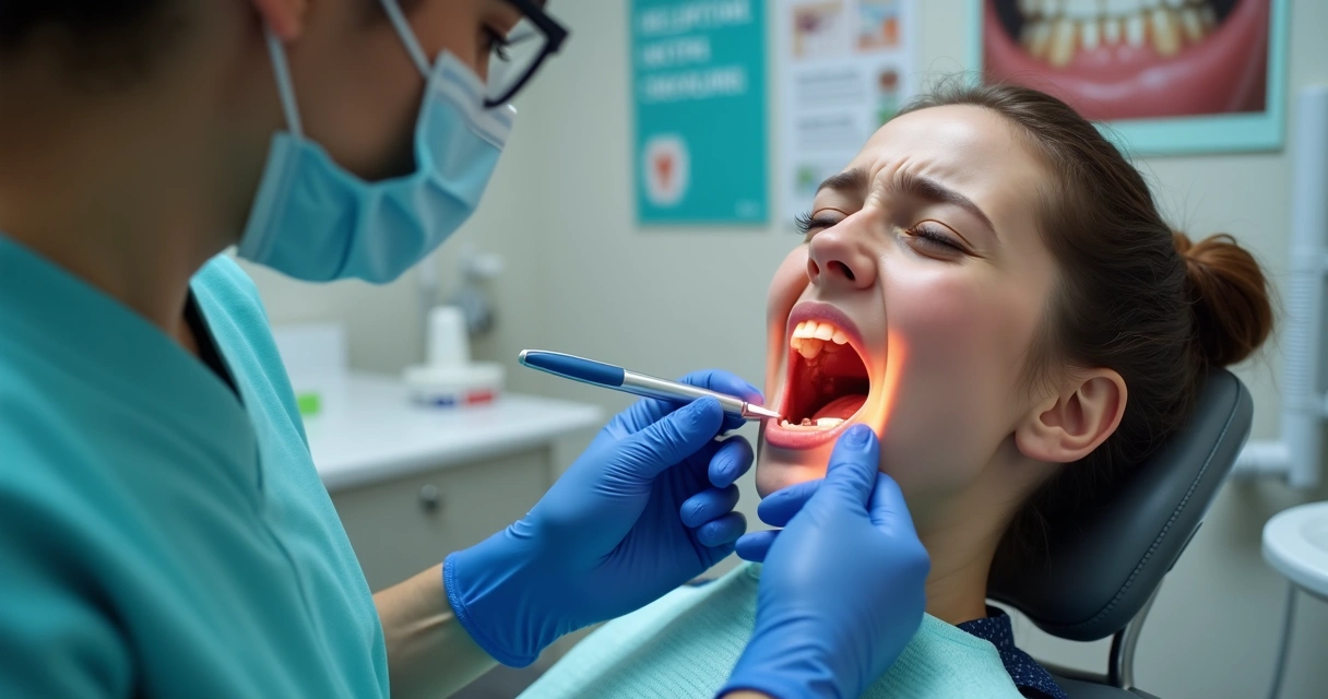 Dentista examinando paciente com dor de dente na cadeira odontológica 