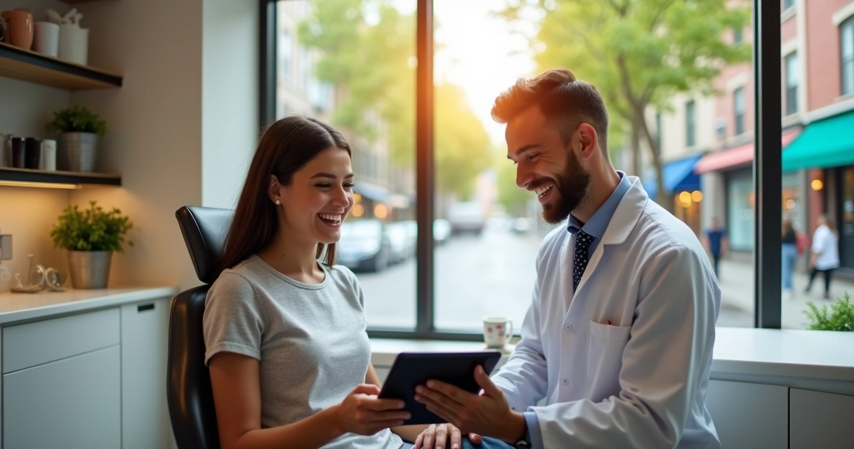 Dentista sorrindo enquanto explica tratamento a paciente sentado em consultório