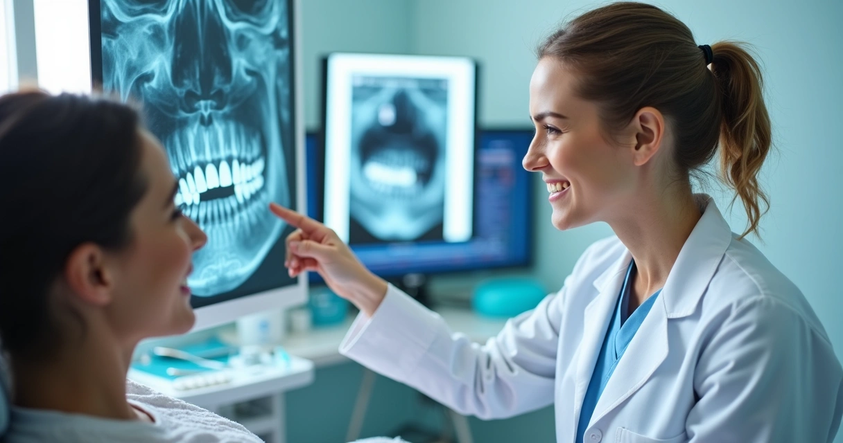 Dentista explicando procedimento no consultório 