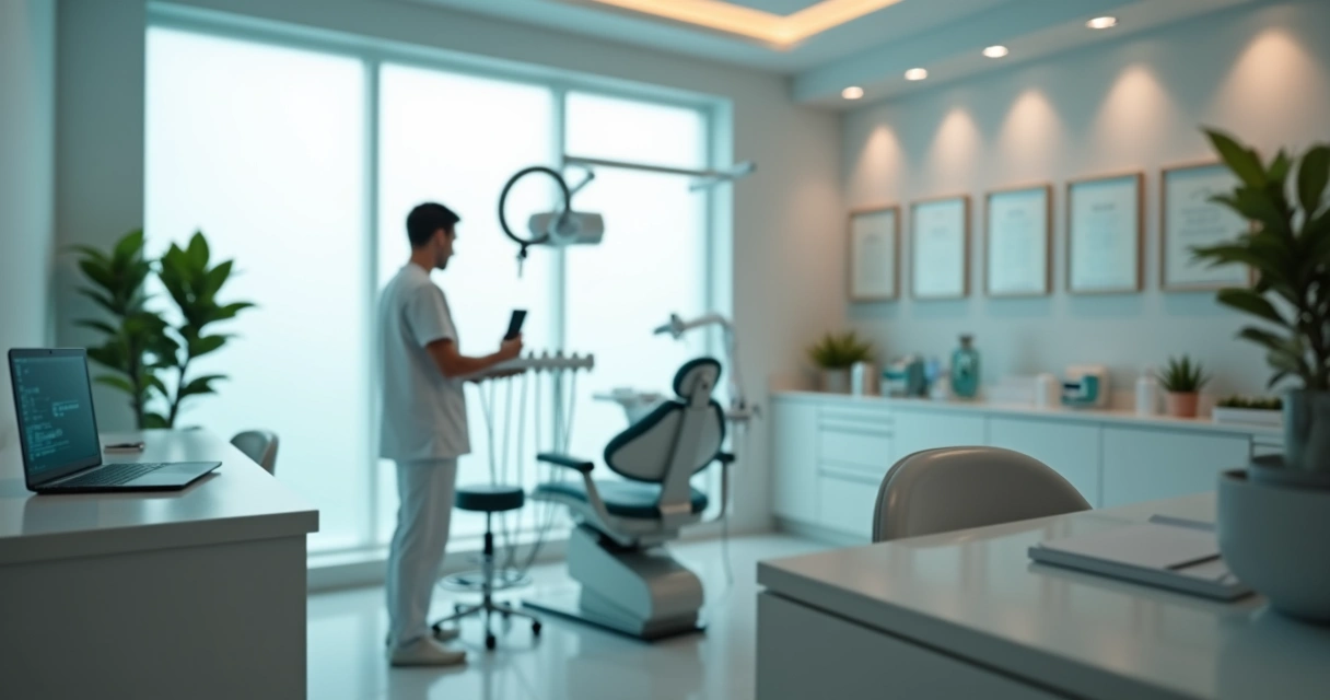 Dentista grava bastidores da clínica vazia com celular apoiado 