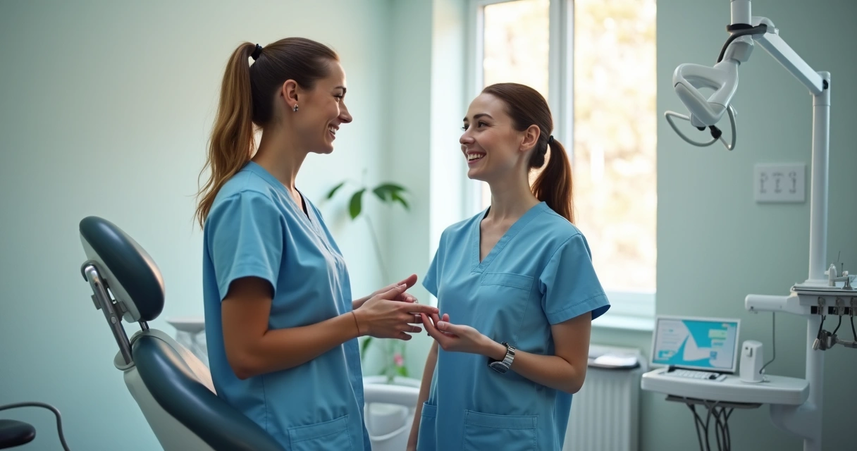 Colaboradores da clínica odontológica conversando para postagem espontânea