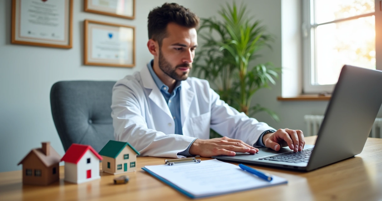 Dentista digitando lista de bens e direitos em notebook, cercado de miniaturas de imóveis e carros