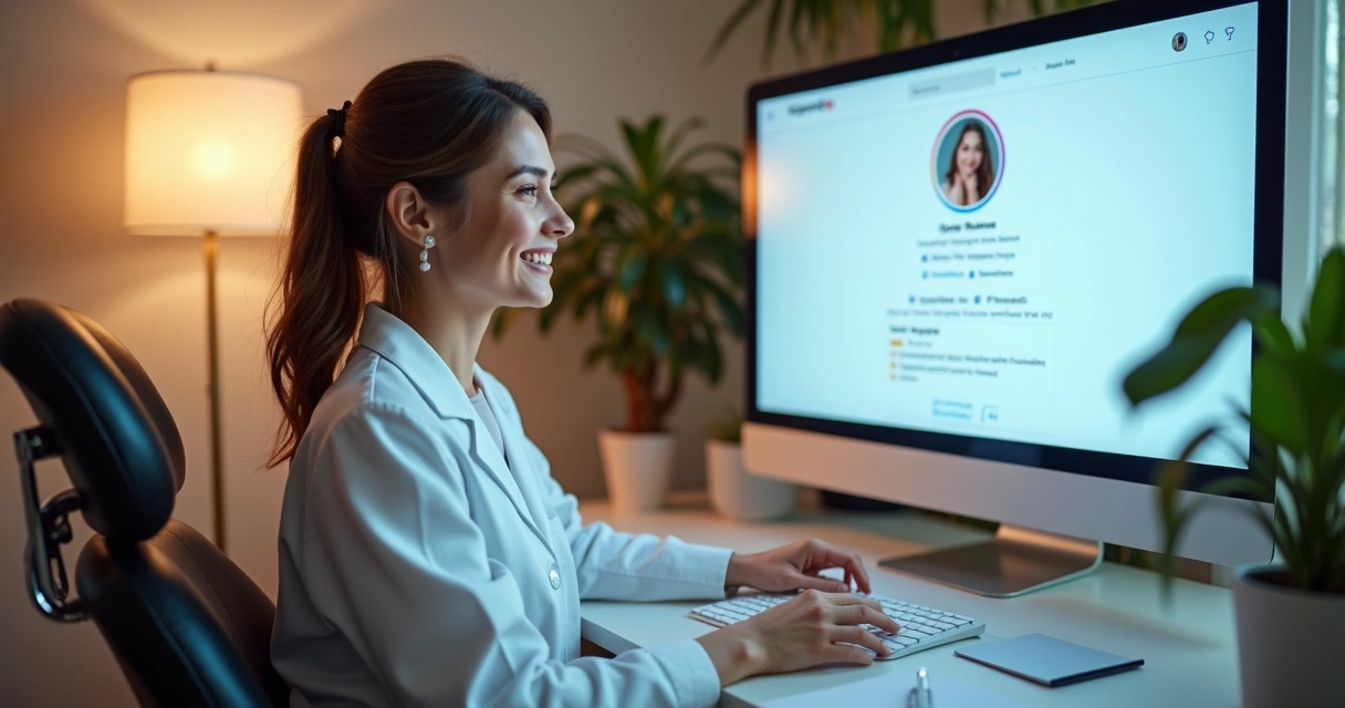 Dentista sorrindo diante do computador, editando perfil do Instagram