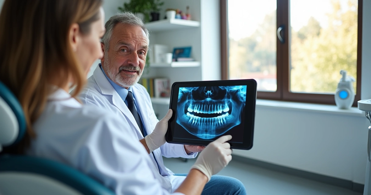 Dentista analisando radiografia com paciente em clínica odontológica moderna 