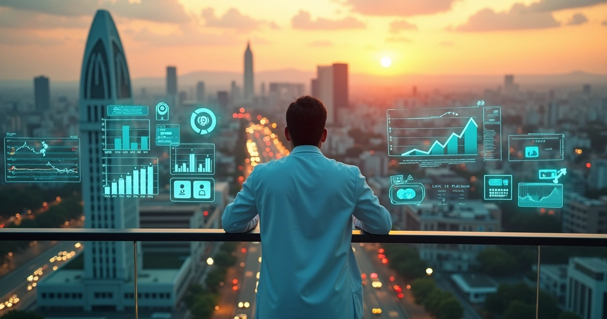 Dentista observa Brasília ao fundo com paineis digitais de marketing e ícones de mídia social 