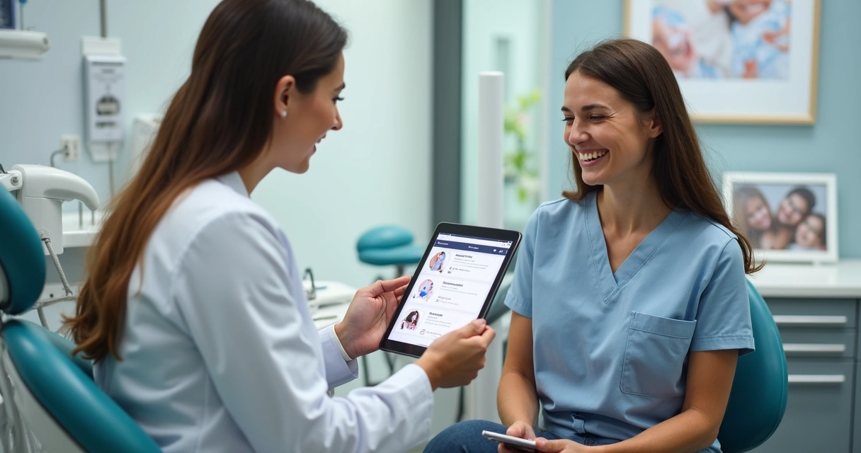 Dentista usa tablet explicando vantagens para paciente em consultório