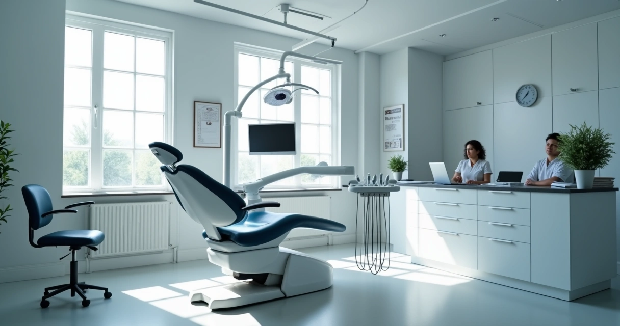 Consultório odontológico com cadeira vazia e materiais prontos