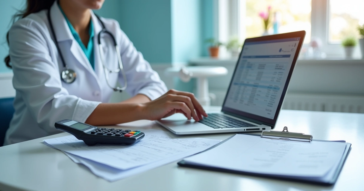Dentista analisando planilhas e calculadora em mesa de consultório 