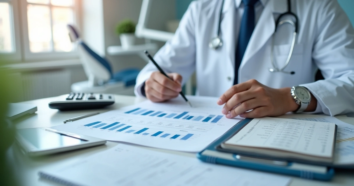 Dentista analisando despesas e impostos no consultório 