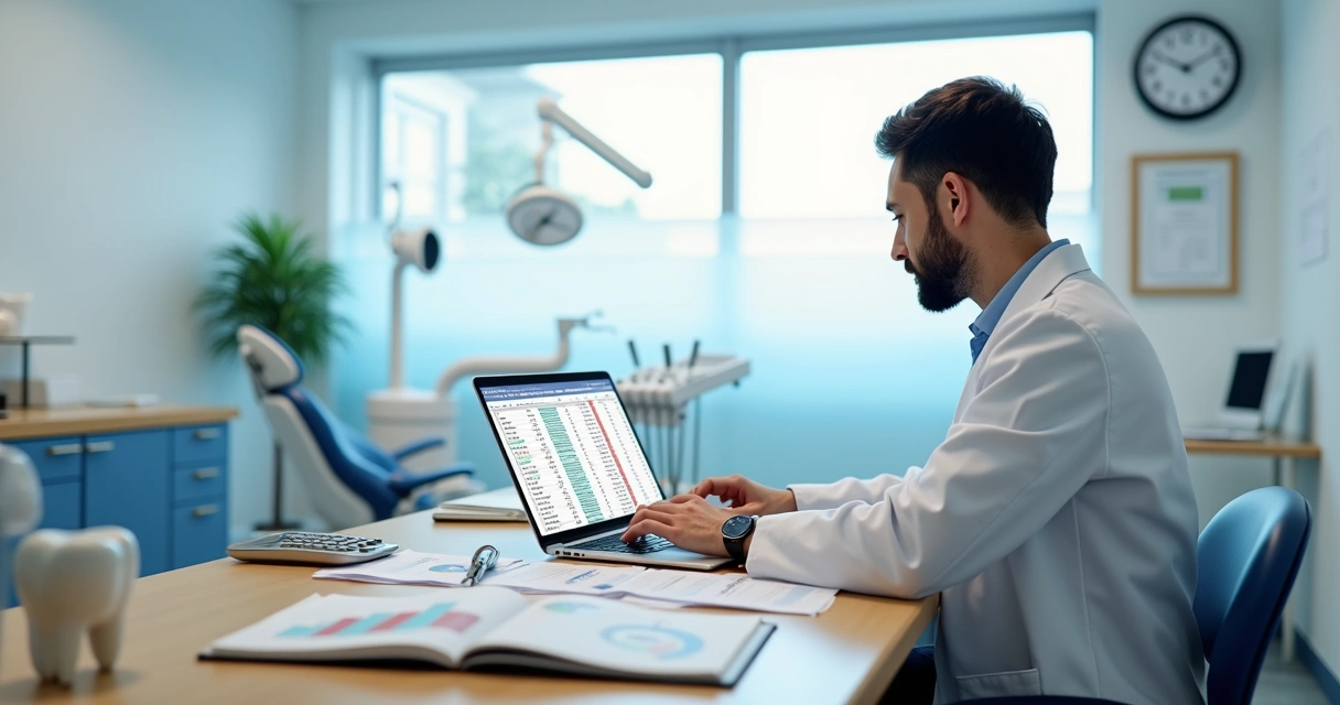 Dentista analisando planilha de custos e preços em consultório moderno 