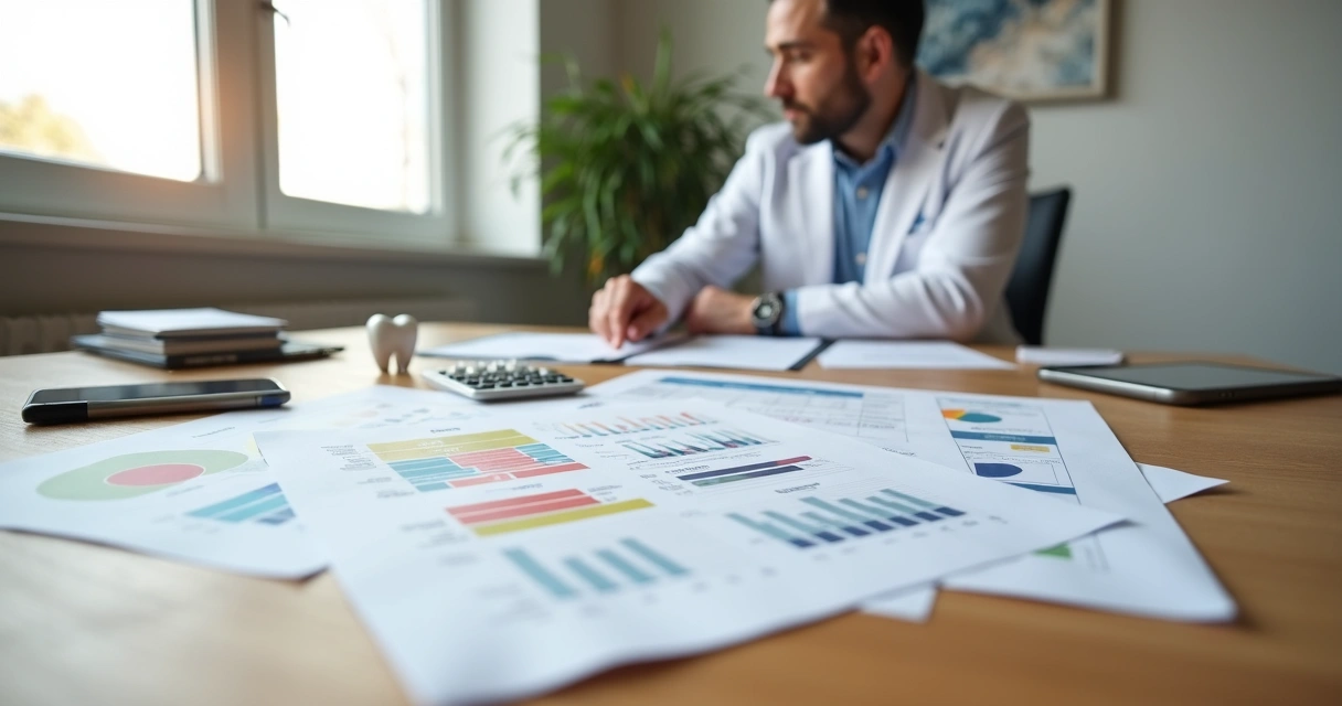 Dentista calcula métricas de marketing com folhas de orçamento e miniatura de dente sobre a mesa 