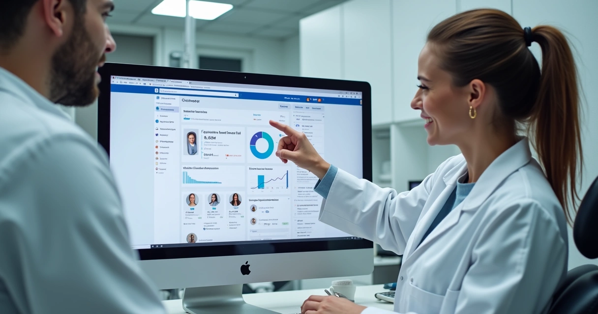 Dentista aponta para tela de computador com dashboard de campanha