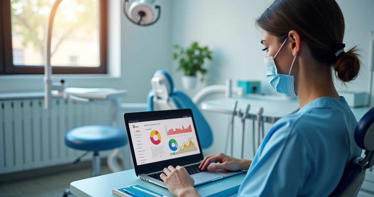 Dentista analisando campanha de anúncio digital em um notebook com gráficos coloridos na tela 