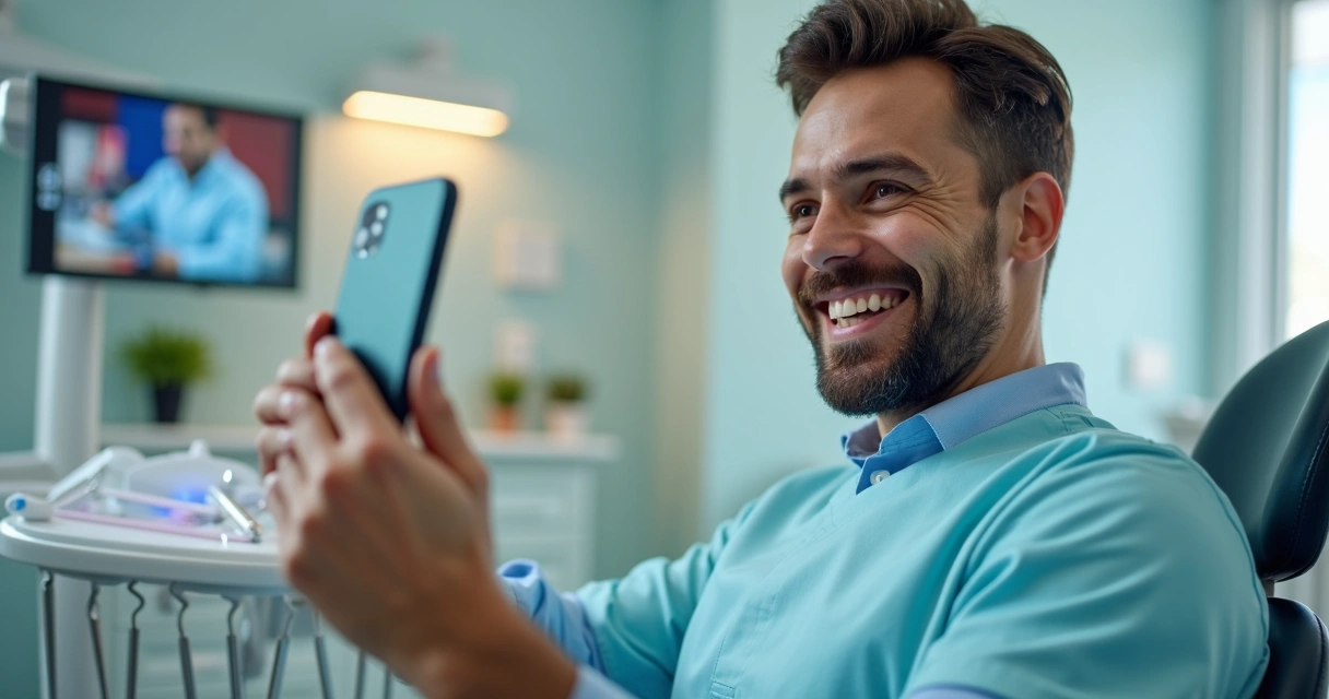 Dentista sorrindo grava vídeo no consultório para campanha de anúncio