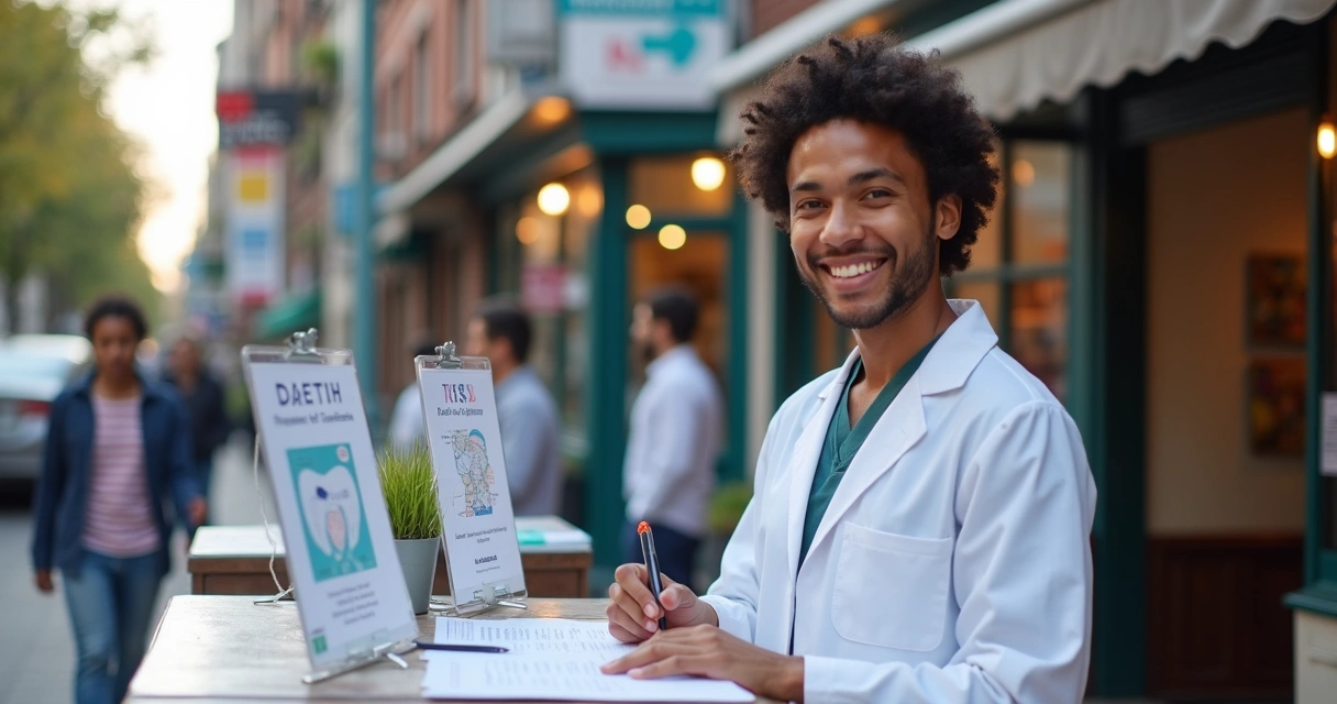 Dentista realizando ação de marketing em bairro movimentado ao ar livre. 
