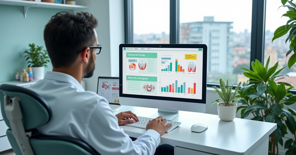 Dentista usando computador em consultório analisando campanhas digitais