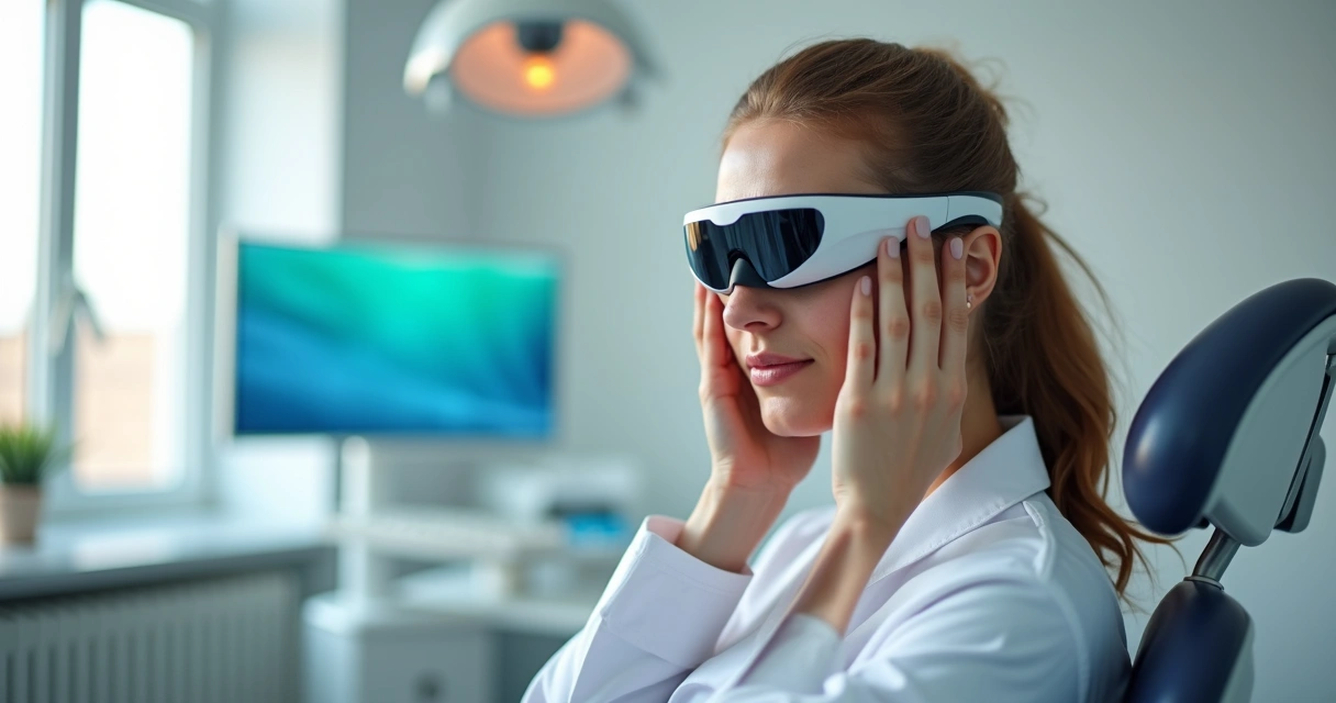 Dentista com expressão de cansaço ocular tocando a região dos olhos no consultório 