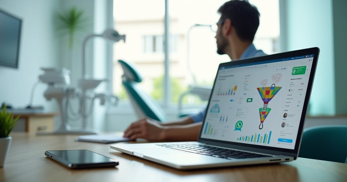 Dentista analisando funil digital de captação de pacientes na tela do notebook 