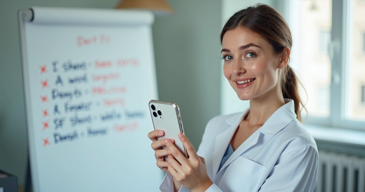 Dentista grava Shorts segurando celular na vertical, pontos-chave atrás em lousa 