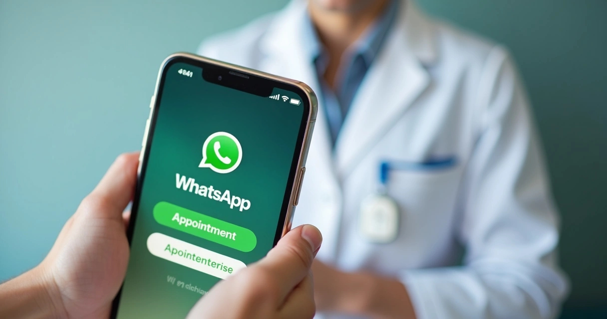 Botão de WhatsApp em tela de celular com mensagem de agendamento, dentista ao fundo com crachá