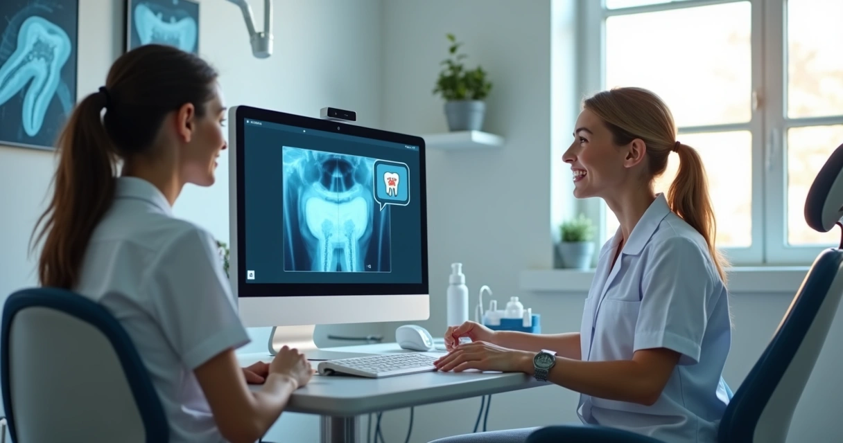 Dentista conversa com paciente usando computador 