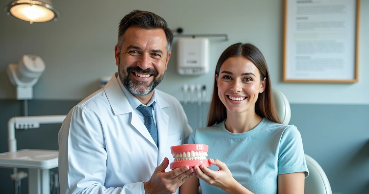 Dentista e cliente sorrindo após fechamento do tratamento de implante dentário
