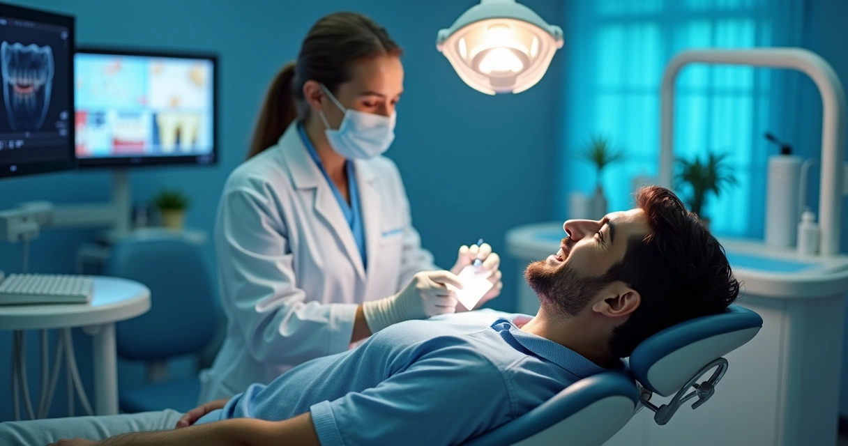 Dentista atendendo paciente em clínica moderna