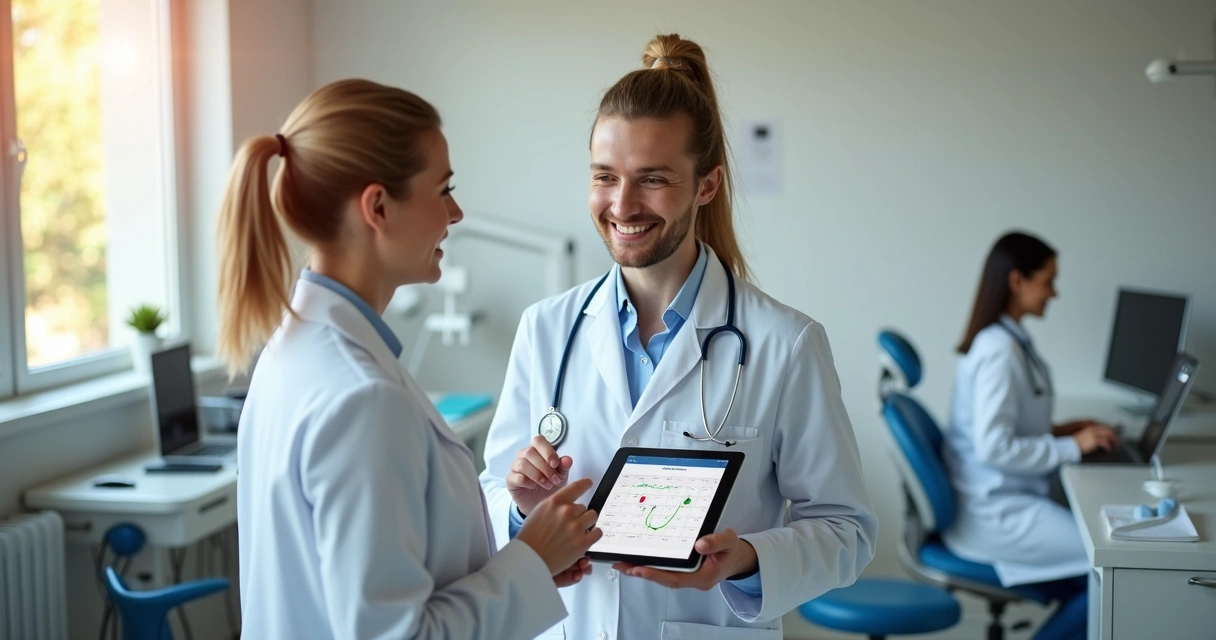 Dentista usando tablet, equipe ao fundo em clínica digital 