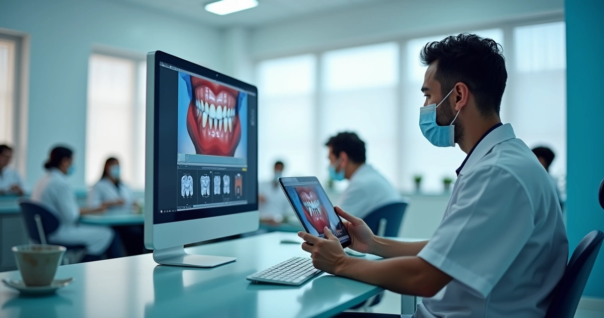 Dentista em consultório digital usando tablet e computador 
