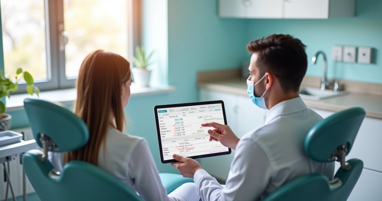 Dentista mostrando orçamento digital em tablet para paciente em clínica moderna 