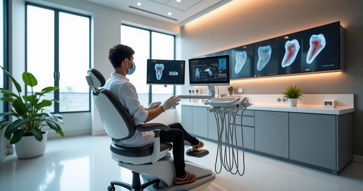 Consultório odontológico moderno com dentista atendendo paciente em cadeira confortável com equipamentos de alta tecnologia 