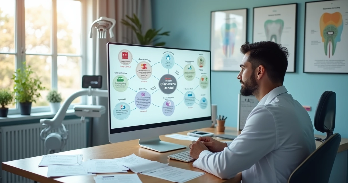 Dentista planejando clusters de conteúdo por procedimento em quadro digital 