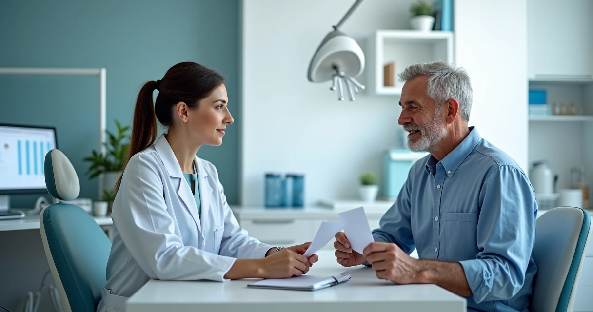 Dentista conversando com paciente sobre pendências financeiras de maneira amigável