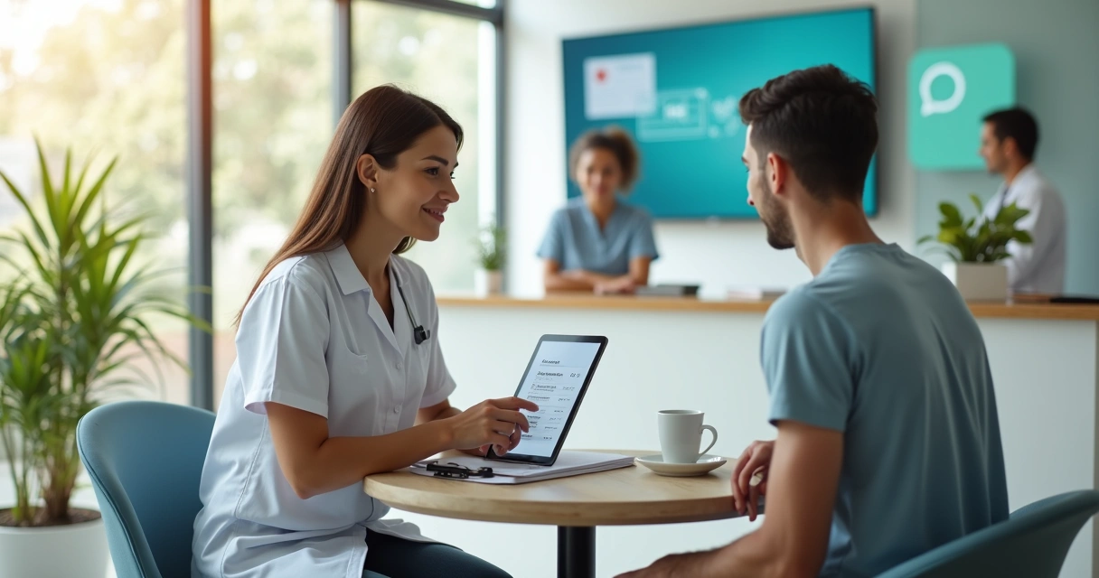 Dentista conversando com paciente sobre pagamento em consultório moderno 