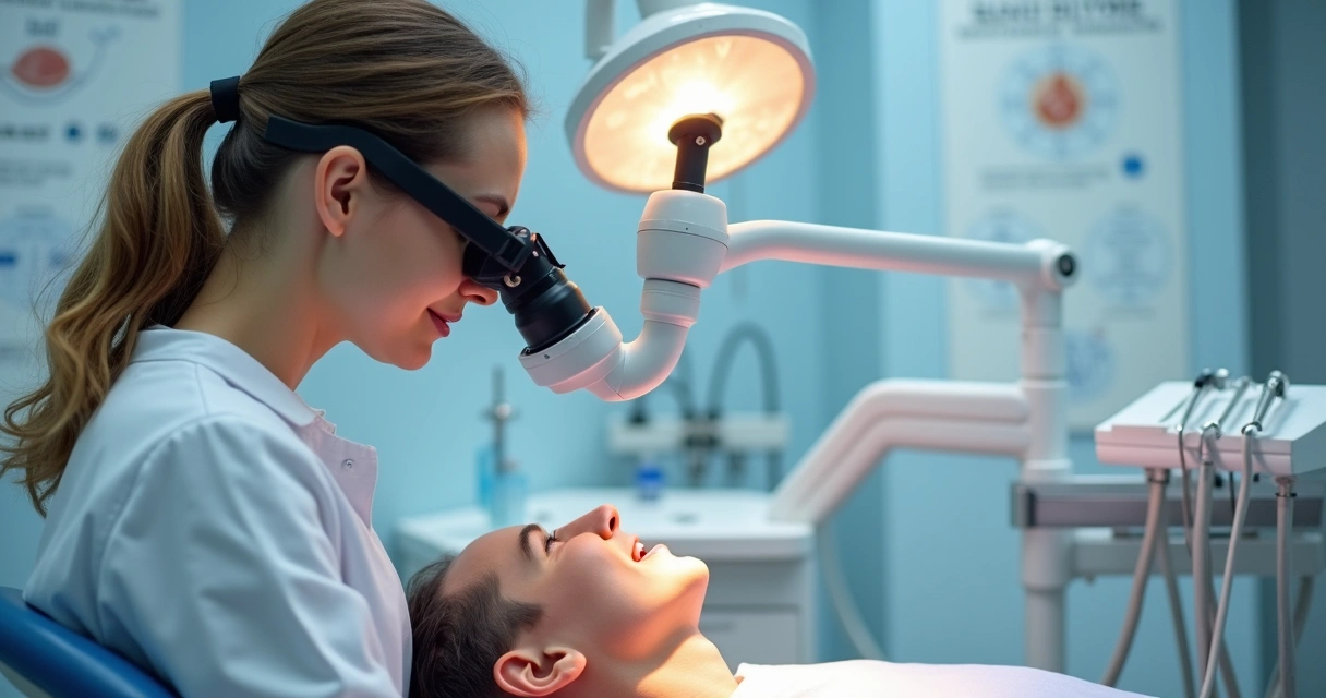 Dentista recém-formado com lupa Zumax trabalhando com paciente