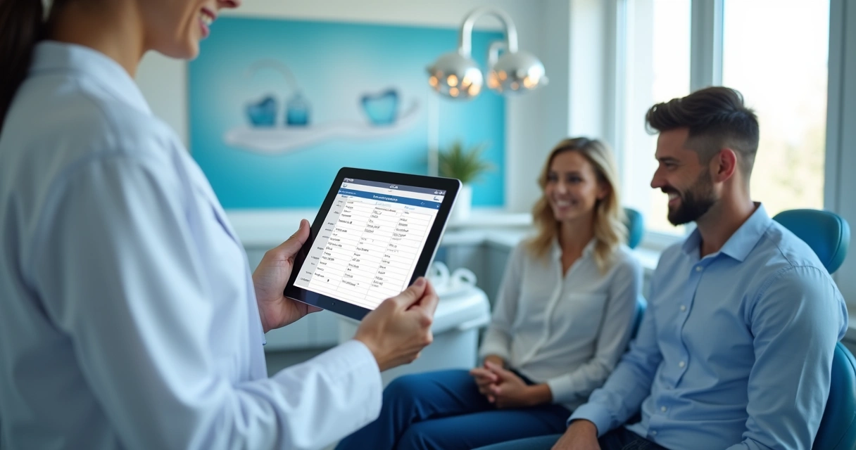 Dentista mostra tablet com agenda digital a pacientes no consultório 