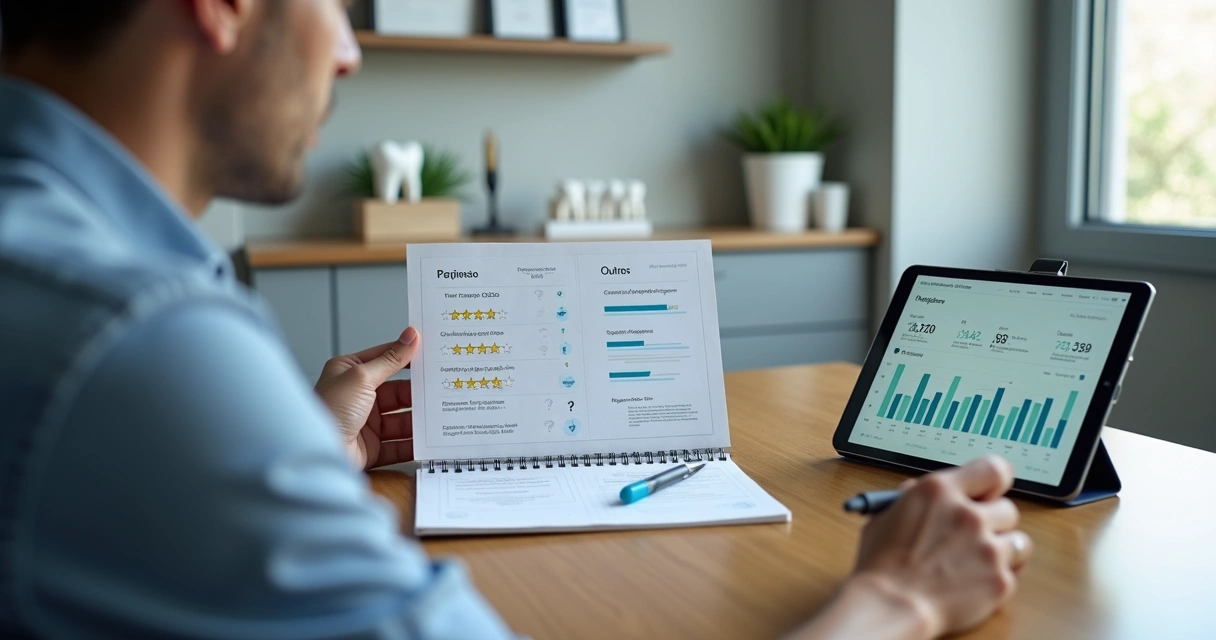 Gestor odontológico analisando balanço entre agências de marketing em caderno e tablet 