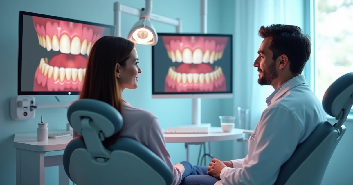 Dentista mostra resultado digital em computador ao paciente