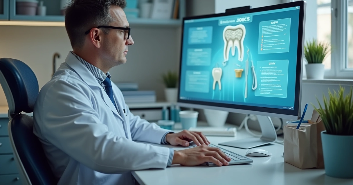 Dentista acessando recibos digitais no computador 