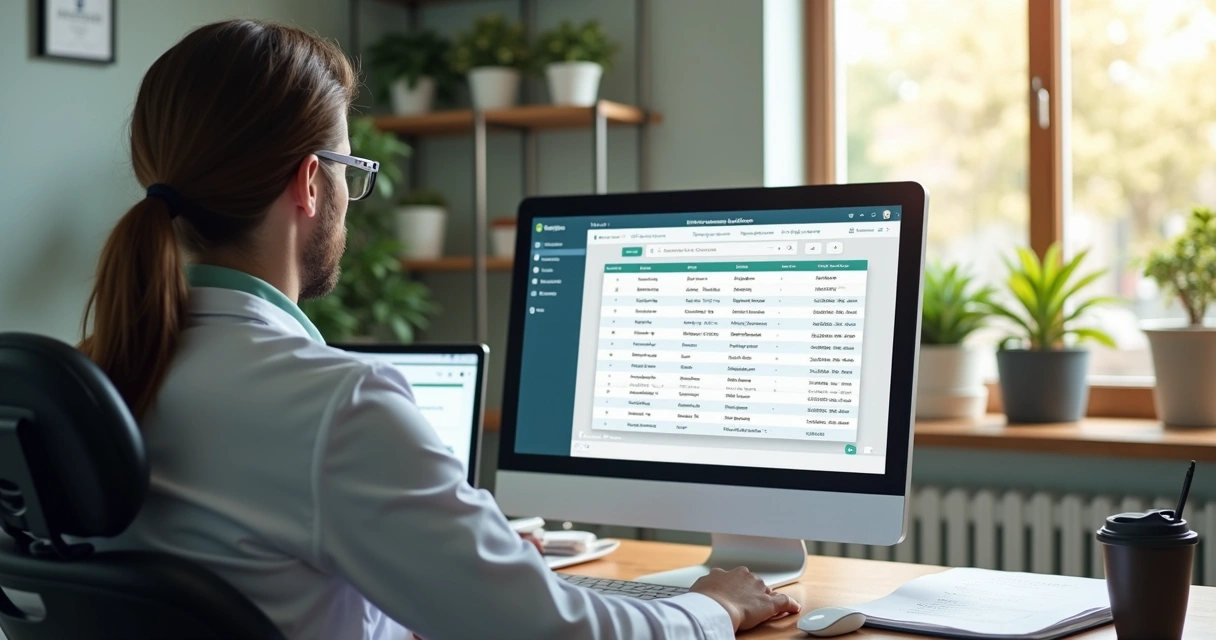 Dentista usa computador com tela de sistema de cobranças 